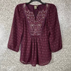 One September Anthropologie Women's Burgundy Madiran Peasant Blouse - Size Small